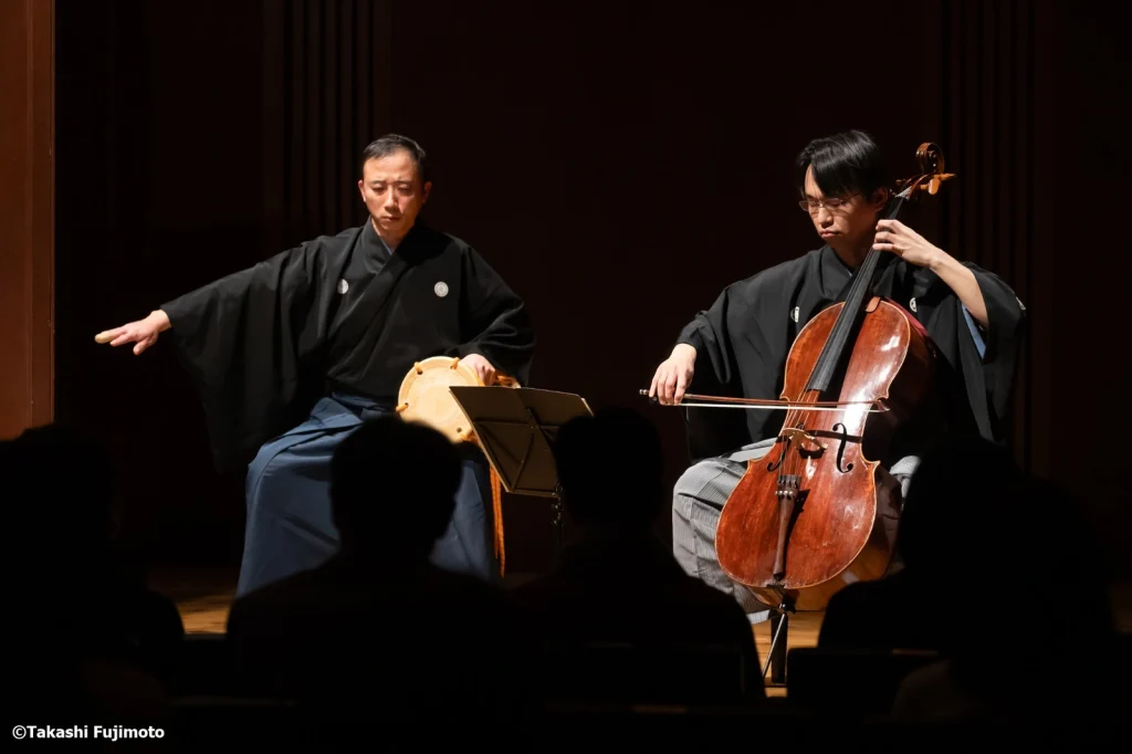 Cello and traditional Japanese music performance during Cello Meets Tea Ceremony.