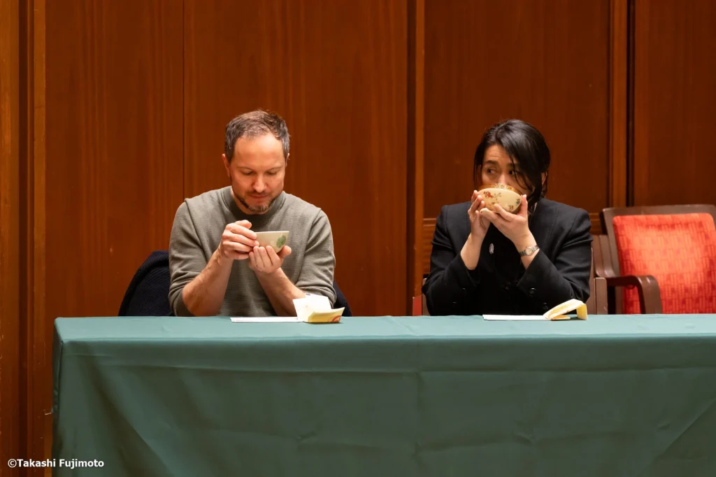 Guests enjoying matcha at the tea service following the performance.
