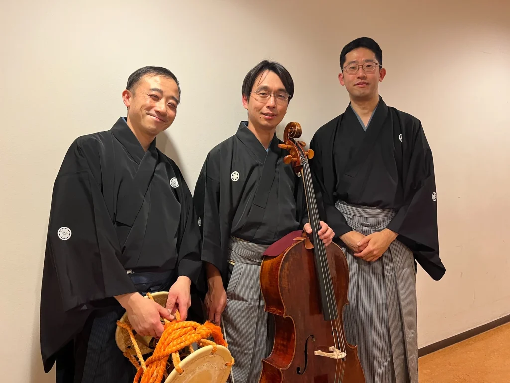 The three performers after Cello Meets Tea Ceremony at Suntory Hall.